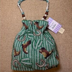 NWT Made in India Western Horse Shoe Cowboy Boot Cactus Cinched Beaded Bag